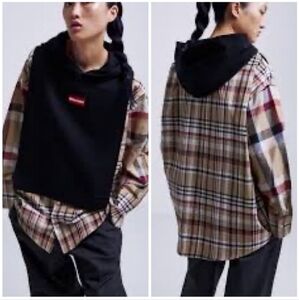 Zara UNIQUE GARMENT Plaid Faux Button Up W/Hoodie Top, sz M EUC